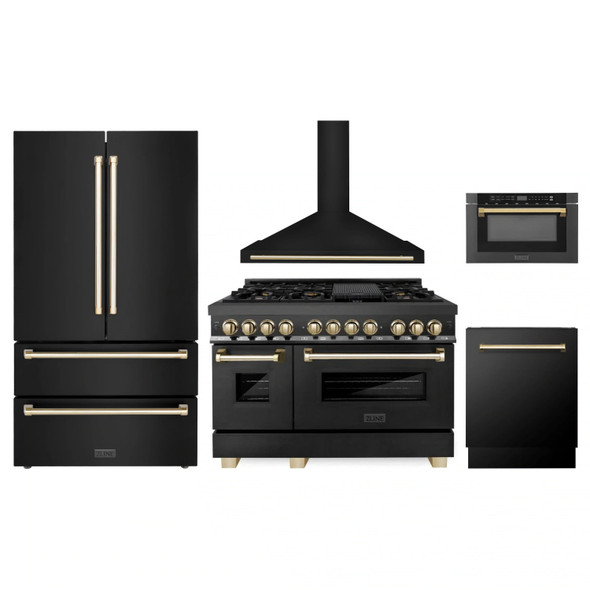 ZLINE 5-Piece Appliance Package - 48-Inch Legacy Dual Fuel Range, Wall Mount Range Hood, 36-Inch French Door Refrigerator, Dishwasher, and 24-Inch Microwave Drawer in Black Stainless Steel with Gold Accents