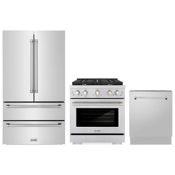 ZLINE 3-Piece Appliance Package - 30-Inch Paramount Gas Range, 36-Inch French Door Refrigerator, Dishwasher, in Stainless Steel