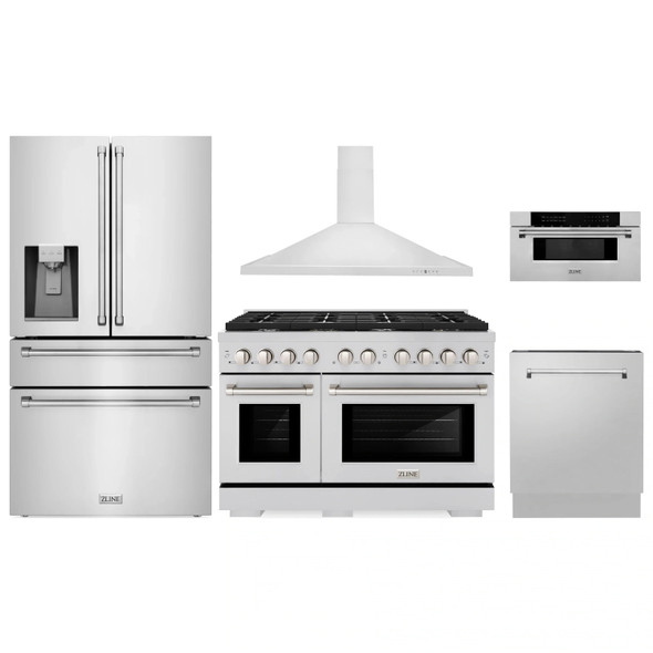 ZLINE 5-Piece Appliance Package - 48-Inch Paramount Dual Fuel Range, Wall Mount Range Hood, 36-Inch French Door Refrigerator with Water Dispenser, Dishwasher, and 30-Inch Microwave Drawer in Stainless Steel