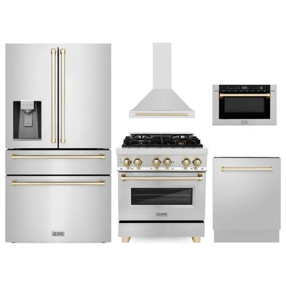 ZLINE 5-Piece Appliance Package - 30-Inch Legacy Autograph Dual Fuel Range, Wall Mount Range Hood, 36-Inch French Door Refrigerator with Water Dispenser, Dishwasher, and 24-Inch Microwave Drawer in Stainless Steel with Gold Accents