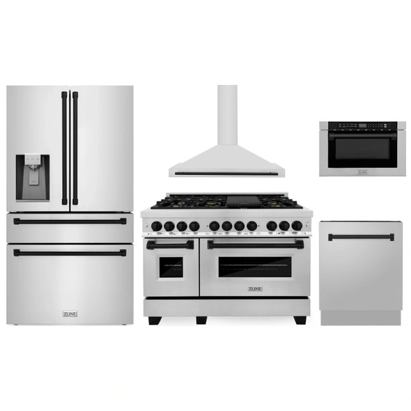 ZLINE 5-Piece Appliance Package - 48-Inch Legacy Autograph Dual Fuel Range, Wall Mount Range Hood, 36-Inch French Door Refrigerator with Water Dispenser, Dishwasher, and 24-Inch Microwave Drawer in Stainless Steel with Matte Black Accents
