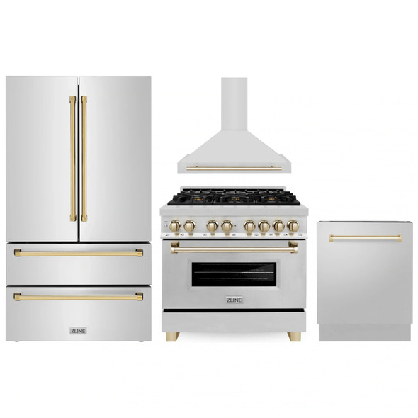 ZLINE 4-Piece Appliance Package - 36-Inch Legacy Autograph Dual Fuel Range, Wall Mount Range Hood, 36-Inch French Door Refrigerator, Dishwasher, in Stainless Steel with Gold Accents