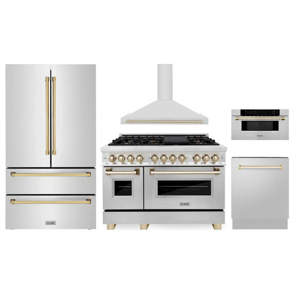 ZLINE 5-Piece Appliance Package - 48-Inch Legacy Autograph Dual Fuel Range, Wall Mount Range Hood, 36-Inch French Door Refrigerator, Dishwasher, and 30-Inch Microwave Drawer in Stainless Steel with Gold Accents