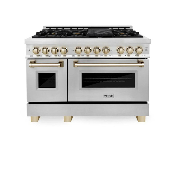 ZLINE 5-Piece Appliance Package - 48-Inch Legacy Autograph Dual Fuel Range, Wall Mount Range Hood, 36-Inch French Door Refrigerator with Water Dispenser, Dishwasher, and 24-Inch Microwave Drawer in Stainless Steel with Gold Accents