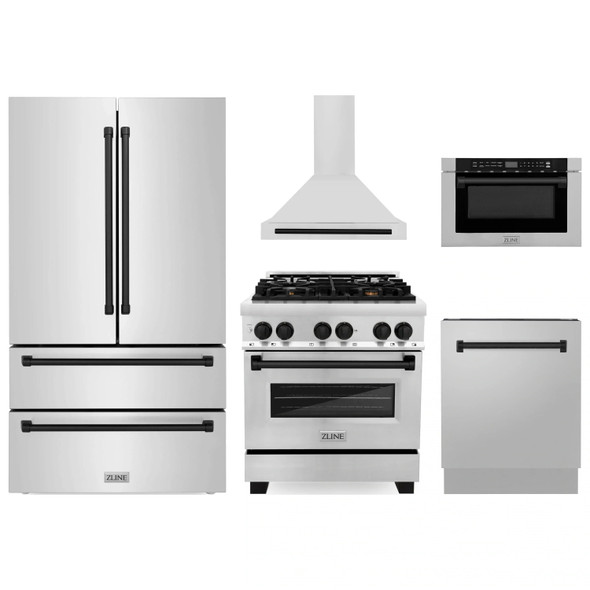 ZLINE 5-Piece Appliance Package - 30-Inch Legacy Autograph Dual Fuel Range, Wall Mount Range Hood, 36-Inch French Door Refrigerator, Dishwasher, and 24-Inch Microwave Drawer in Stainless Steel with Matte Black Accents