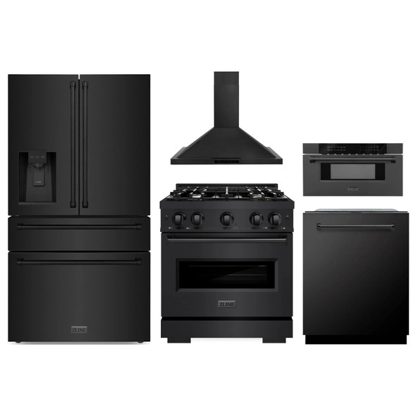 ZLINE 5-Piece Appliance Package - 30-Inch Classic Dual Fuel Range, Wall Mount Range Hood, 36-Inch French Door Refrigerator with Water Dispenser, Dishwasher, and 30-Inch Microwave Drawer in Black Stainless Steel
