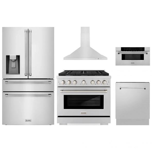 ZLINE 5-Piece Appliance Package - 36-Inch Paramount Dual Fuel Range, Wall Mount Range Hood, 36-Inch French Door Refrigerator with Water Dispenser, Dishwasher, and 30-Inch Microwave Drawer in Stainless Steel