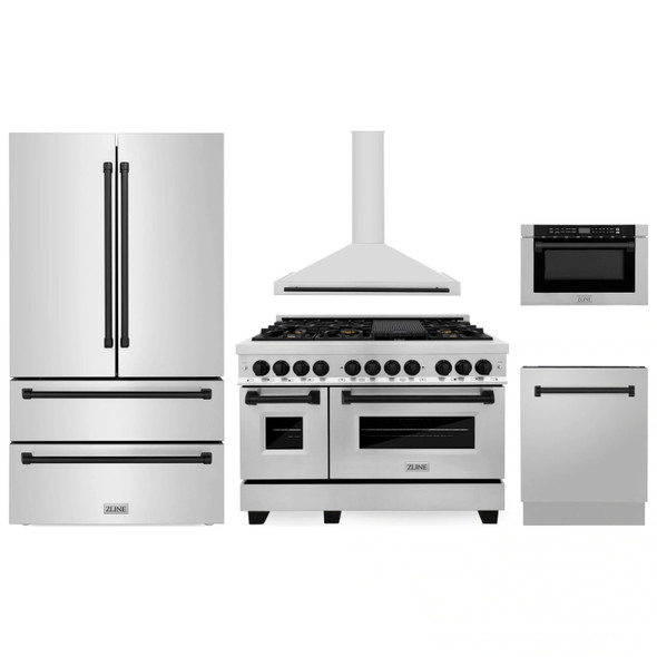 ZLINE 5-Piece Appliance Package - 48-Inch Legacy Autograph Dual Fuel Range, Wall Mount Range Hood, 36-Inch French Door Refrigerator, Dishwasher, and 24-Inch Microwave Drawer in Stainless Steel with Matte Black Accents