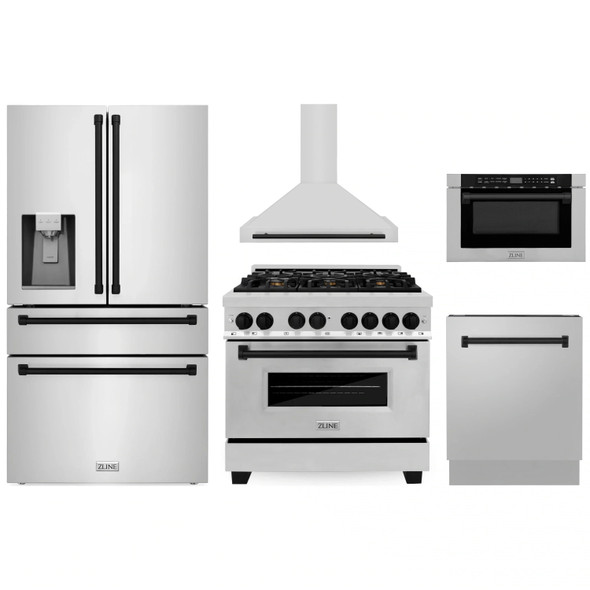 ZLINE 5-Piece Appliance Package - 36-Inch Legacy Autograph Dual Fuel Range, Wall Mount Range Hood, 36-Inch French Door Refrigerator with Water Dispenser, Dishwasher, and 24-Inch Microwave Drawer in Stainless Steel with Matte Black Accents