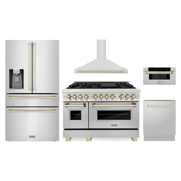 ZLINE 5-Piece Appliance Package - 48-Inch Legacy Autograph Dual Fuel Range, Wall Mount Range Hood, 36-Inch French Door Refrigerator with Water Dispenser, Dishwasher, and 30-Inch Microwave Drawer in Stainless Steel with Gold Accents