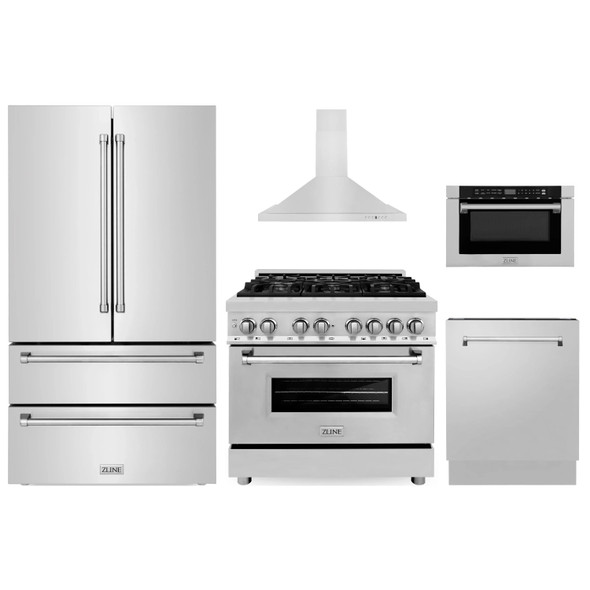 ZLINE 5-Piece Appliance Package - 36-Inch Legacy Dual Fuel Range, Wall Mount Range Hood, 36-Inch French Door Refrigerator, Dishwasher, and 24-Inch Microwave Drawer in Stainless Steel