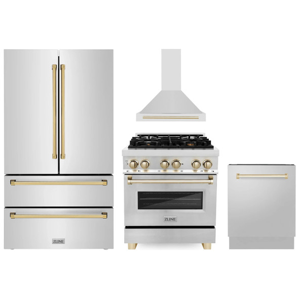 ZLINE 4-Piece Appliance Package - 30-Inch Legacy Autograph Dual Fuel Range, Wall Mount Range Hood, 36-Inch French Door Refrigerator, Dishwasher, in Stainless Steel with Gold Accents