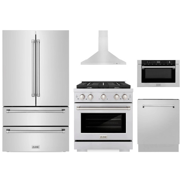 ZLINE 5-Piece Appliance Package - 30-Inch Paramount Gas Range, Wall Mount Range Hood, 36-Inch French Door Refrigerator, Dishwasher, and 24-Inch Microwave Drawer in Stainless Steel