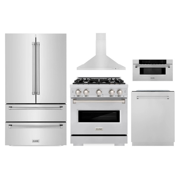 ZLINE 5-Piece Appliance Package - 30-Inch Classic Dual Fuel Range, Wall Mount Range Hood, 36-Inch French Door Refrigerator, Dishwasher, and 30-Inch Microwave Drawer in Stainless Steel