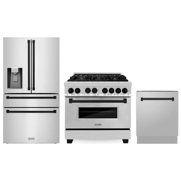 ZLINE 3-Piece Appliance Package - 36-Inch Legacy Autograph Dual Fuel Range, 36-Inch French Door Refrigerator with Water Dispenser, Dishwasher, in Stainless Steel with Matte Black Accents
