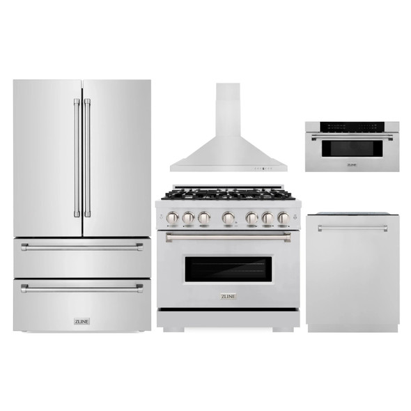 ZLINE 5-Piece Appliance Package - 36-Inch Classic Dual Fuel Range, Wall Mount Range Hood, 36-Inch French Door Refrigerator, Dishwasher, and 30-Inch Microwave Drawer in Stainless Steel