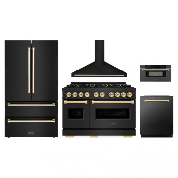 ZLINE 5-Piece Appliance Package - 48-Inch Autograph Edition Dual Fuel Range, Wall Mount Range Hood, 36-Inch French Door Refrigerator, Dishwasher, and 30-Inch Microwave Drawer in Black Stainless Steel with Gold Accents