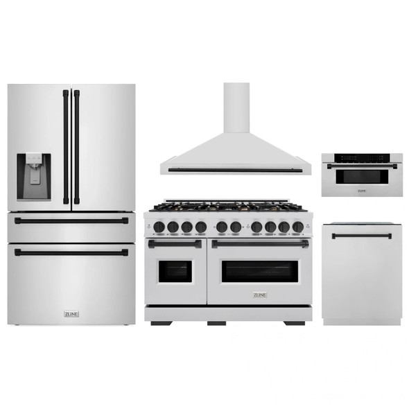 ZLINE 5-Piece Appliance Package - 48-Inch Autograph Edition Gas Range, Wall Mount Range Hood, 36-Inch French Door Refrigerator with Water Dispenser, Dishwasher, and 30-Inch Microwave Drawer in Stainless Steel Matte Black Accents