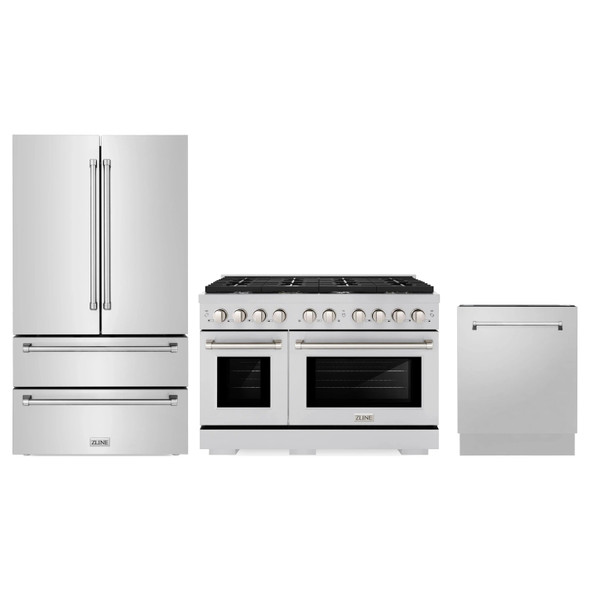 ZLINE 3-Piece Appliance Package - 48-Inch Paramount Dual Fuel Range, 36-Inch French Door Refrigerator, Dishwasher, in Stainless Steel