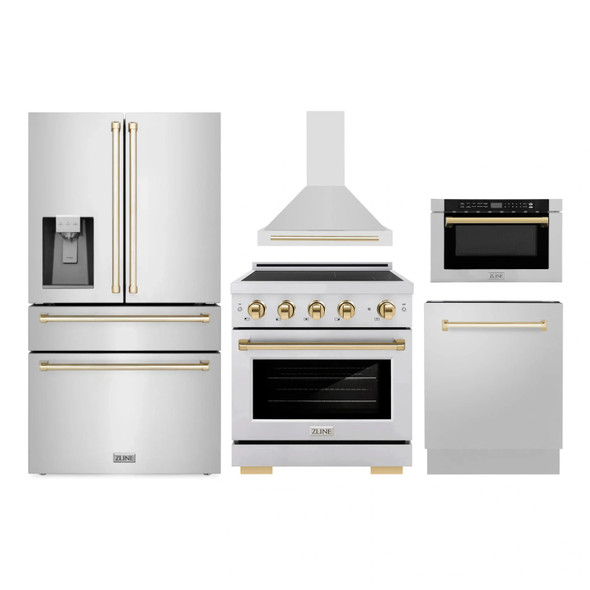 ZLINE 5-Piece Appliance Package - 30-Inch Autograph Induction Range, Wall Mount Range Hood, 36-Inch French Door Refrigerator with Water Dispenser, Dishwasher, and 24-Inch Microwave Drawer in Stainless Steel with Gold Accents