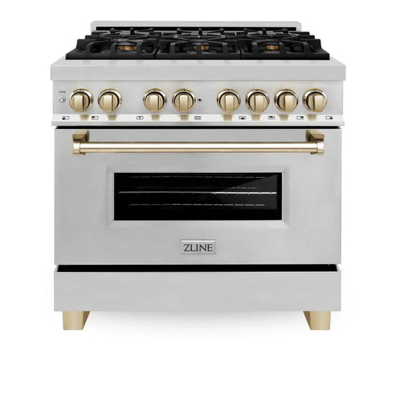 ZLINE 3-Piece Appliance Package - 36-Inch Legacy Autograph Dual Fuel Range, 36-Inch French Door Refrigerator with Water Dispenser, Dishwasher, in Stainless Steel with Gold Accents