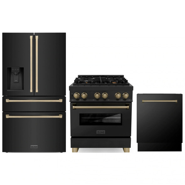 ZLINE 3-Piece Appliance Package - 30-Inch Legacy Dual Fuel Range, 36-Inch French Door Refrigerator with Water Dispenser, Dishwasher, in Black Stainless Steel with Champagne Bronze Accents