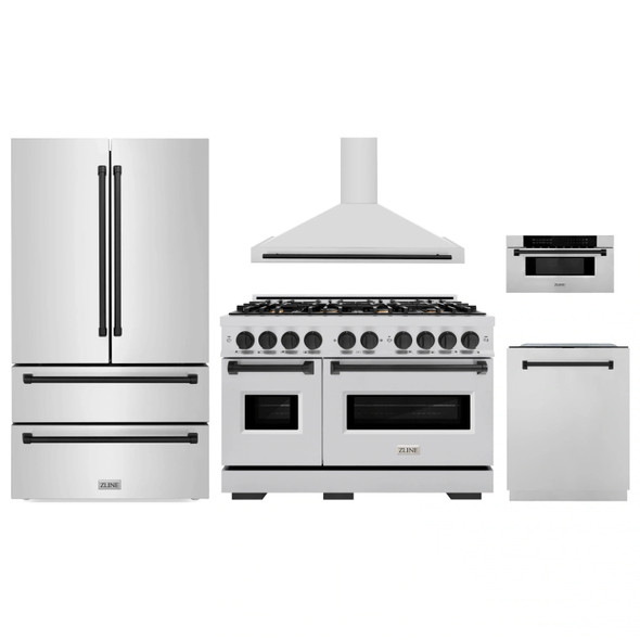ZLINE 5-Piece Appliance Package - 48-Inch Autograph Edition Dual Fuel Range, Wall Mount Range Hood, 36-Inch French Door Refrigerator, Dishwasher, and 30-Inch Microwave Drawer in Stainless Steel Matte Black Accents