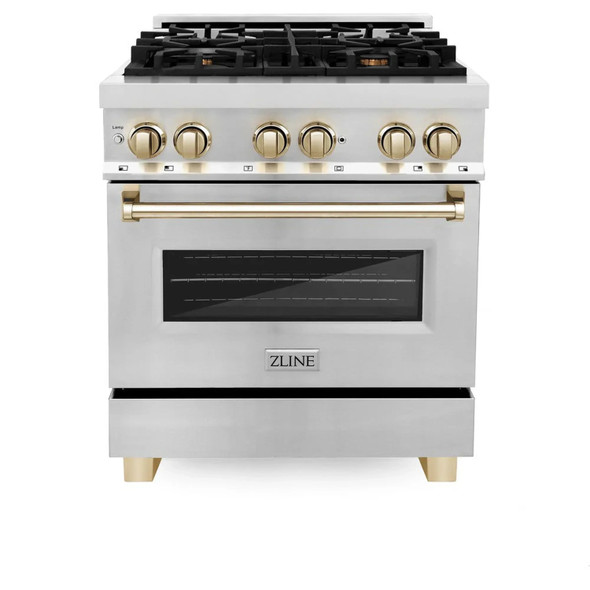 ZLINE 5-Piece Appliance Package - 30-Inch Legacy Autograph Dual Fuel Range, Wall Mount Range Hood, 36-Inch French Door Refrigerator, Dishwasher, and 24-Inch Microwave Drawer in Stainless Steel with Gold Accents