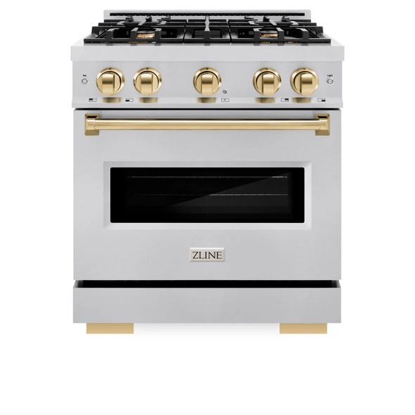 ZLINE 5-Piece Appliance Package - 30-Inch Autograph Edition Gas Range, Wall Mount Range Hood, 36-Inch French Door Refrigerator with Water Dispenser, Dishwasher, and 30-Inch Microwave Drawer in Stainless Steel with Gold Accents