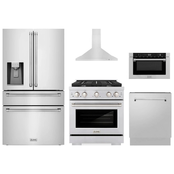 ZLINE 5-Piece Appliance Package - 30-Inch Paramount Gas Range, Wall Mount Range Hood, 36-Inch French Door Refrigerator with Water Dispenser, Dishwasher, and 24-Inch Microwave Drawer in Stainless Steel