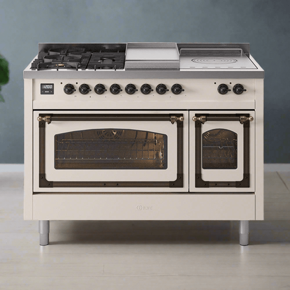 ILVE Nostalgie II Noblesse 48" Dual Fuel Freestanding Range 8 Sealed Burners + Griddle with Triple Glass Door - UN48FNMP