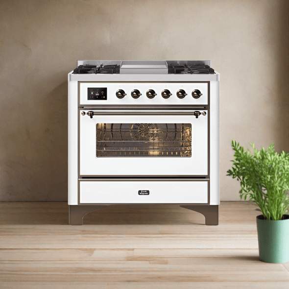 ILVE 36 Inch Majestic II Series Dual Fuel Natural Gas Range with 6 Burners and Griddle with 3.5 cu. ft. Oven Capacity TFT Oven Control Display (UM09FDNS3)
