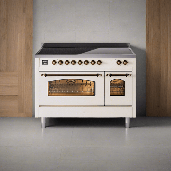 ILVE 48" Nostalgie II Series Freestanding Electric Double Oven Range with 8 Elements, Triple Glass Cool Door, Convection Oven, TFT Oven Control Display and Child Lock - UPI486NMP