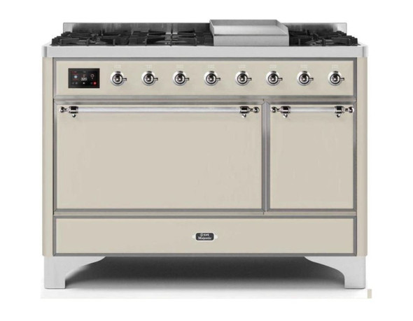 ILVE 48 Inch Majestic II Series Freestanding Dual Fuel Liquid Propane Range with 8 Sealed Brass Non Stick Coated Burners and Griddle (UM12FDQNS3)