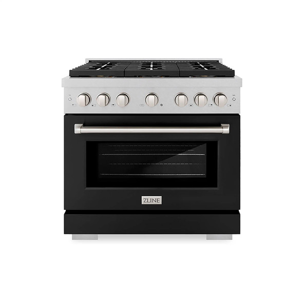 ZLINE 36-Inch 5.2 cu. ft. Paramount Dual Fuel Range with 6 Burner DuoPro™ Cooktop and Electric Convection Oven in Satin Stainless Steel with Black Matte Door (PSDRS-BLM-36)