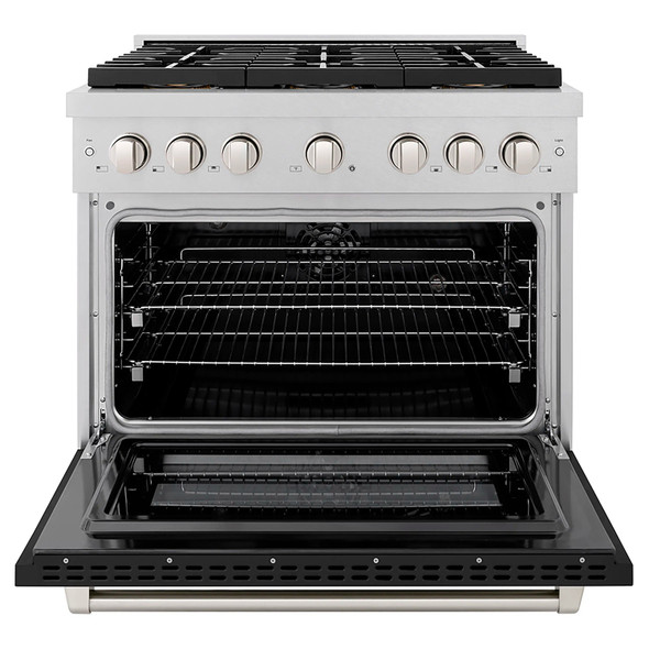 ZLINE 36-Inch 5.2 cu. ft. Paramount Dual Fuel Range with 6 Burner DuoPro™ Cooktop and Electric Convection Oven in Satin Stainless Steel with Black Matte Door (PSDRS-BLM-36)