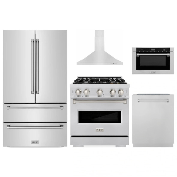 ZLINE 5-Piece Appliance Package - 30-Inch Dual Fuel Range, Hood, Refrigerator, Dishwasher, and Microwave Drawer in Stainless Steel