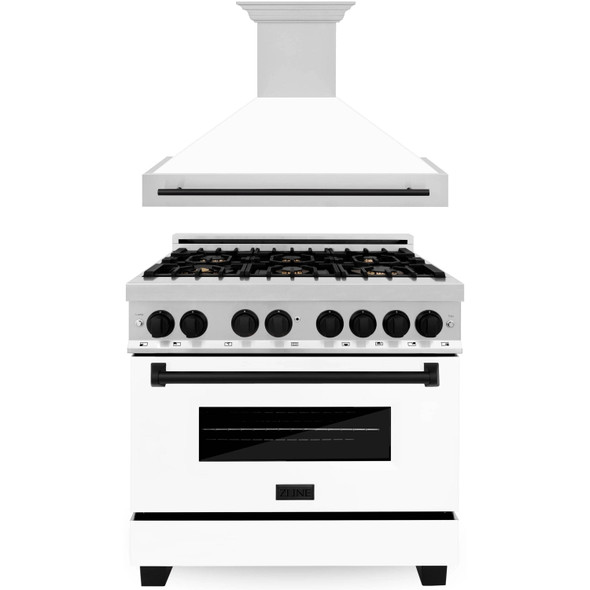 ZLINE Autograph Edition 2-Piece Appliance Package - 36-Inch Dual Fuel Range & Wall Mounted Range Hood in Stainless Steel and White Door with Matte Black Trim (2AKP-RAWMRH36-MB)