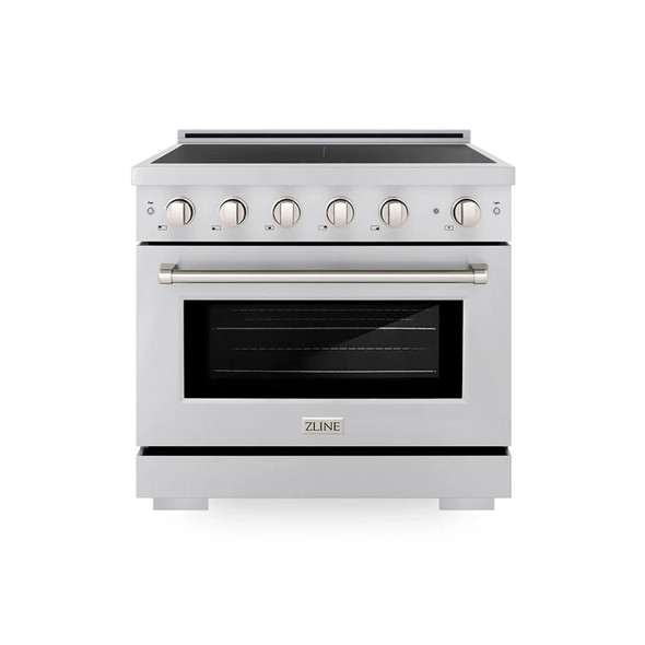 ZLINE 4-Piece Appliance Package - 36-Inch Paramount Induction Range, Wall Mount Range Hood, 36-Inch French Door Refrigerator with Water Dispenser, and Dishwasher in Stainless Steel