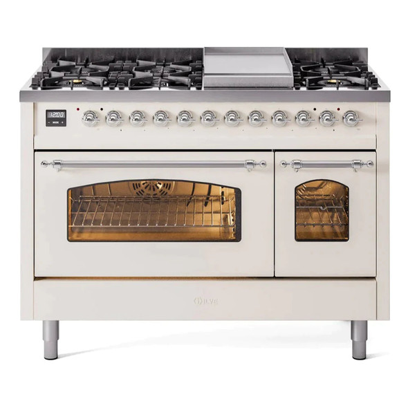 ILVE 48" Nostalgie II Series Freestanding Double Oven Dual Fuel Range with 8 Sealed Burners and Griddle - UP48FNMP