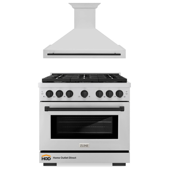 ZLINE Autograph Edition 2-Piece Appliance Package - 36-Inch Gas Range & Wall Mounted Range Hood in Stainless Steel with Matte Black Trim (2AKP-SGRRH36-MB)