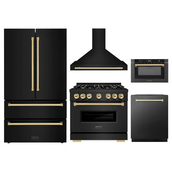 ZLINE 5-Piece Appliance Package - 36-Inch Dual Fuel Range, Hood, Refrigerator, Dishwasher, and Microwave Drawer in Black Stainless Steel with Gold Accents