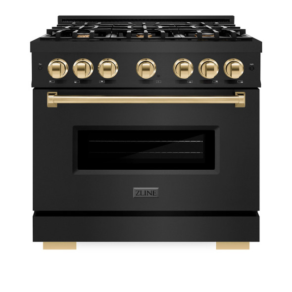 ZLINE 5-Piece Appliance Package - 36-Inch Dual Fuel Range, Hood, Refrigerator, Dishwasher, and Microwave Drawer in Black Stainless Steel with Gold Accents