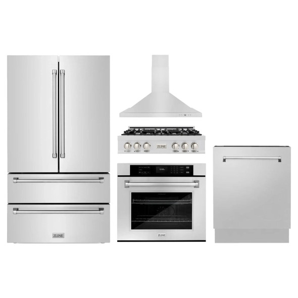 ZLINE 5-Piece Appliance Package - 36-Inch Rangetop, Refrigerator, 30-Inch Electric Wall Oven, 3-Rack Dishwasher, and Convertible Wall Mount Hood in Stainless Steel (5KPR-RTRH36-AWSDWV)