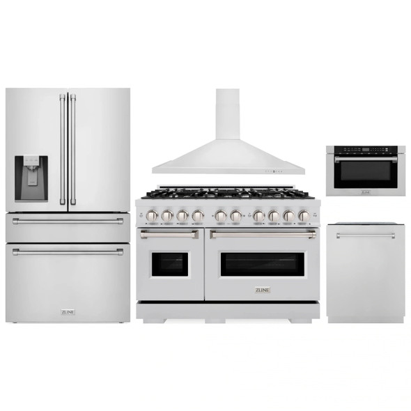 ZLINE 5-Piece Appliance Package - 48-Inch Dual Fuel Range, Hood, Refrigerator with Water Dispenser, Dishwasher, and Microwave Drawer in Stainless Steel