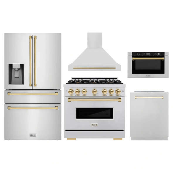 ZLINE 5-Piece Appliance Package - 36-Inch Gas Range, Hood, Refrigerator with Water Dispenser, Dishwasher, and Microwave Drawer in Stainless Steel with Gold Accents