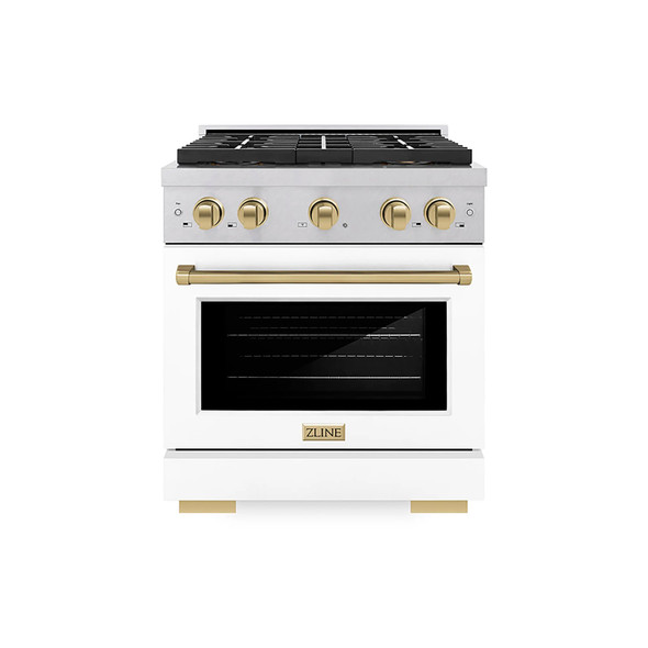 ZLINE Autograph Edition 30-Inch 4.2 cu. ft. Paramount Gas Range with 4 Burner DuoPro™ Cooktop and Convection Gas Oven in Satin Stainless Steel with White Matte Door and Champagne Bronze Accents (PSGRSZ-WM-30-CB)