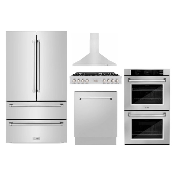 ZLINE 5-Piece Appliance Package - 48-Inch Rangetop, Refrigerator, 30-Inch Electric Double Wall Oven, 3-Rack Dishwasher, and Convertible Wall Mount Hood in Stainless Steel (5KPR-RTRH48-AWDDWV)
