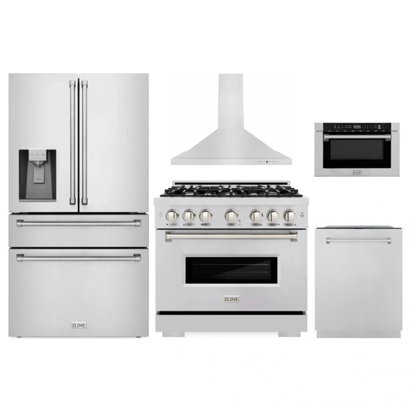 ZLINE 5-Piece Appliance Package - 36-Inch Gas Range, Hood, Refrigerator with Water Dispenser, Dishwasher, and Microwave Drawer in Stainless Steel
