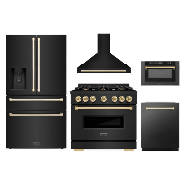 ZLINE 5-Piece Appliance Package - 36-Inch Dual Fuel Range, Hood, Refrigerator with Water Dispenser, Dishwasher, and Microwave Drawer in Black Stainless Steel with Gold Accents